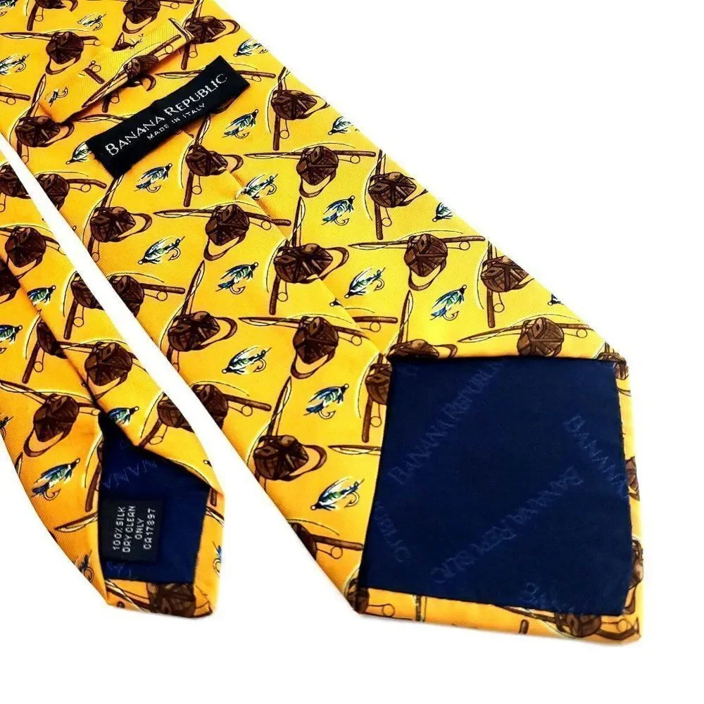 Banana Republic Fly Fishing Print Yellow Wide‎ Silk Tie